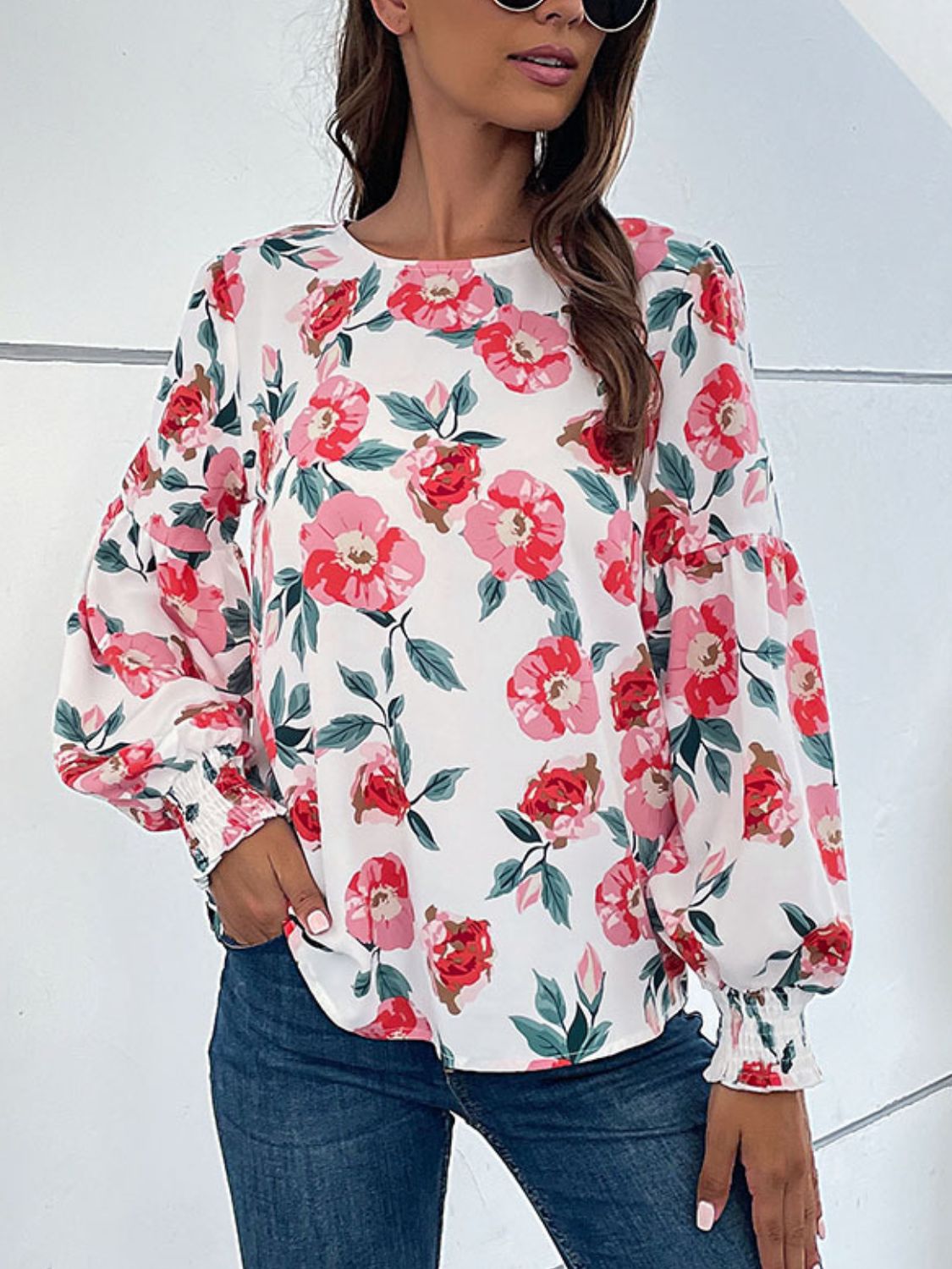Perfee Floral Long Puff Sleeve Round Neck Blouse Floral