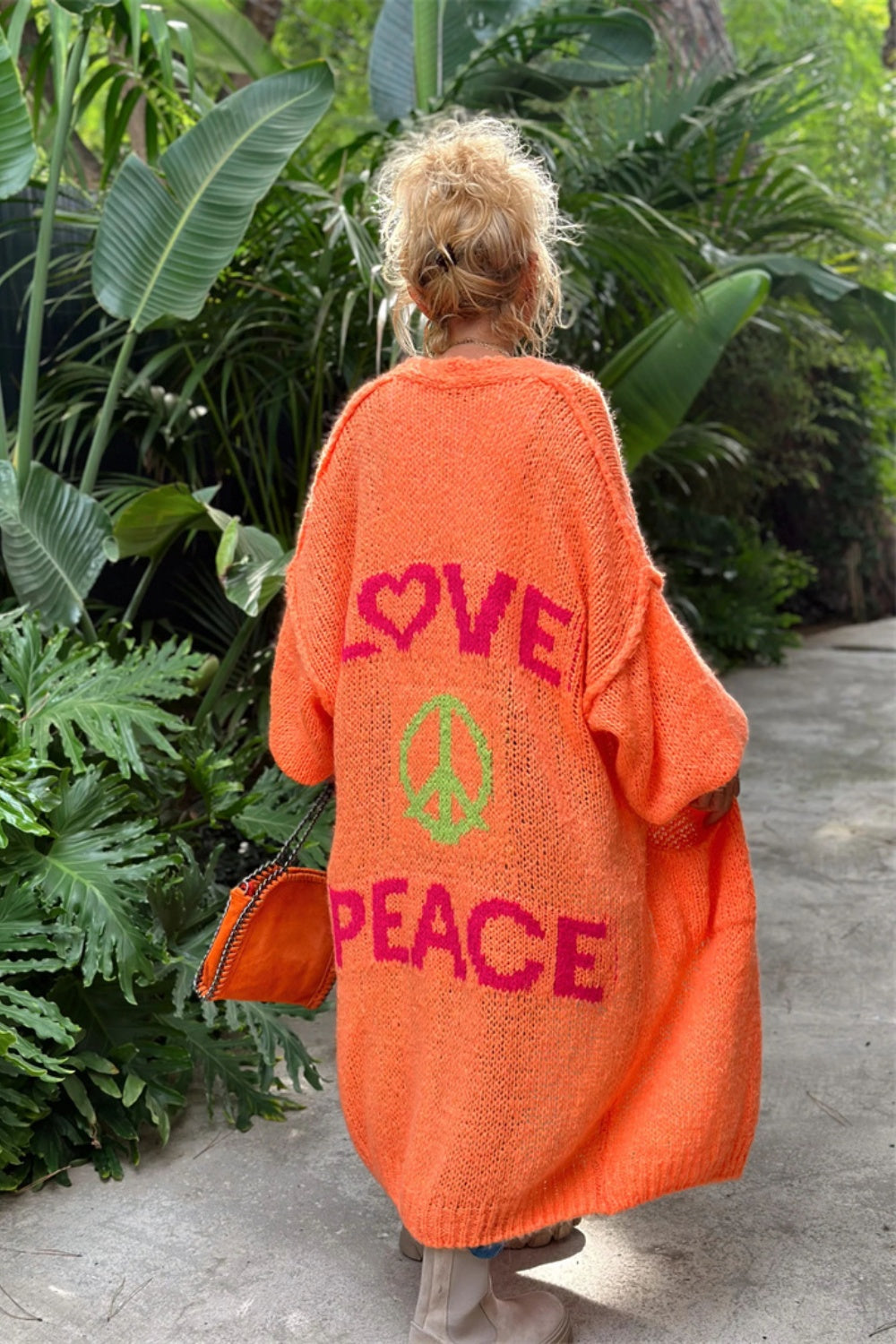 Letter Dropped Shoulder Long Sleeve Cardigan Orange