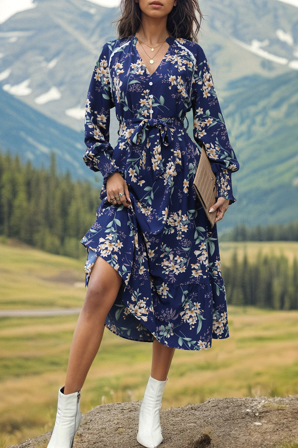 Perfee Printed Notched Lantern Sleeve Midi Dress Dark Blue
