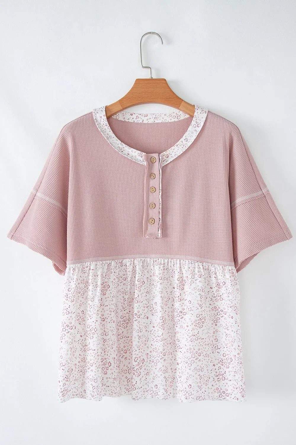 Waffle Floral Patchwork Exposed Seam Detail Short Sleeve Top