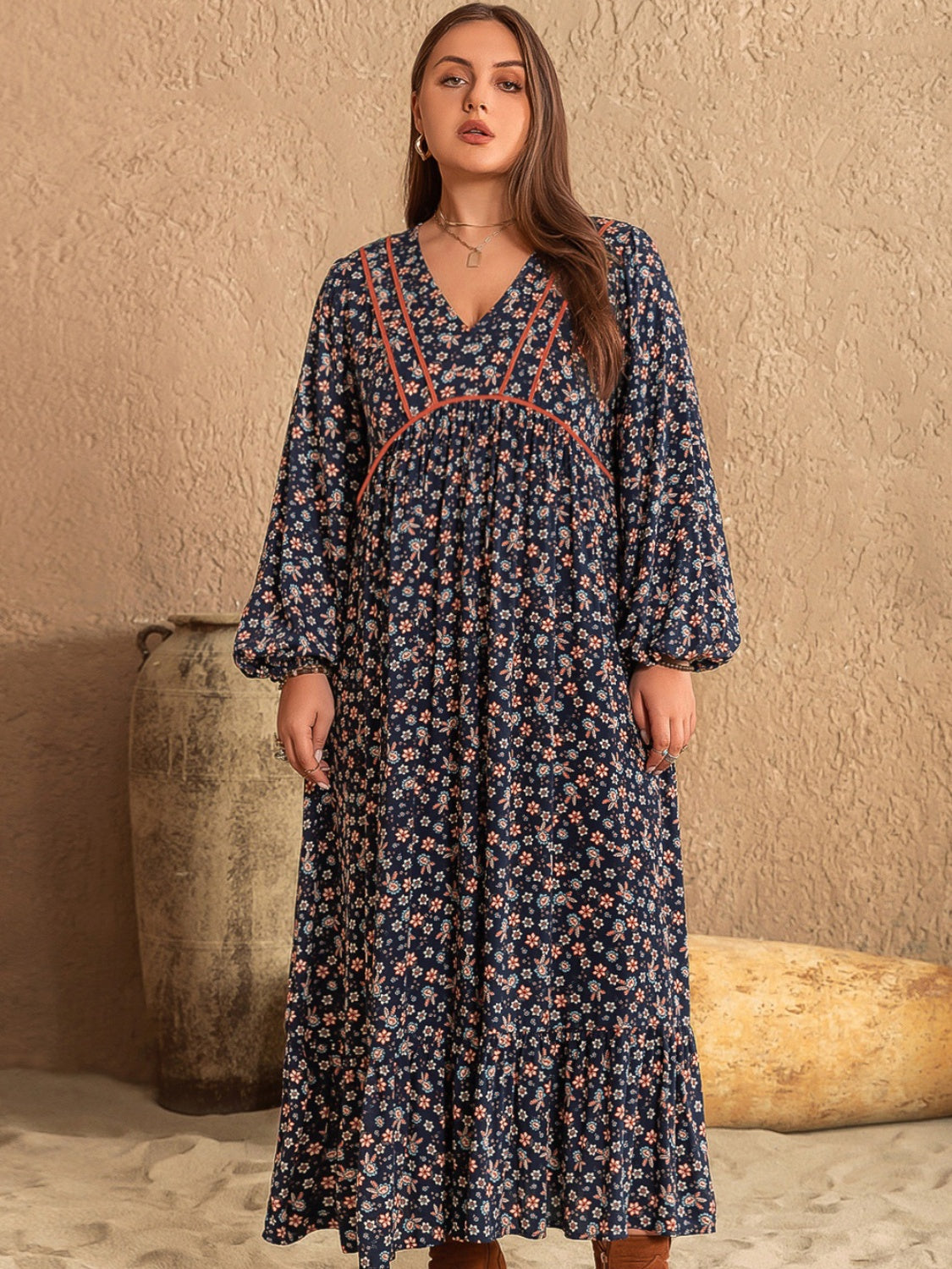 Plus Size Printed V-Neck Balloon Sleeve Dress Dark Blue