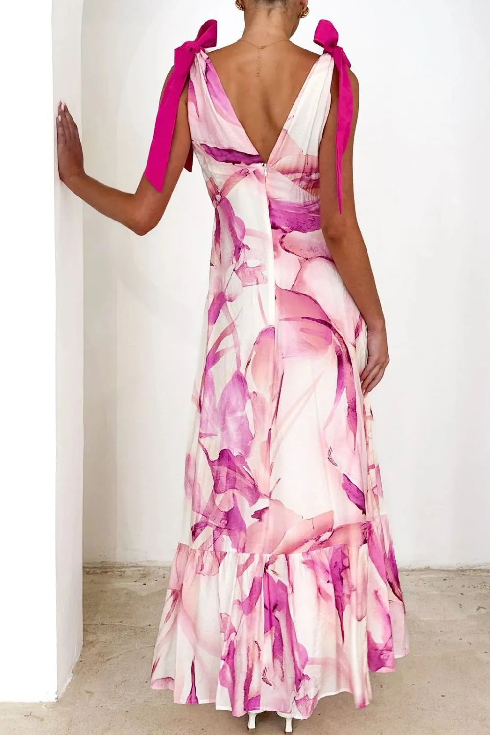 Printed V-Neck Tie Shoulder Midi Cami Dress