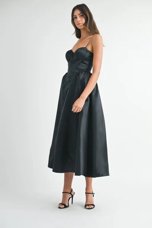 MABLE Solid Taffeta Spaghetti Strap Bustier Midi Dress