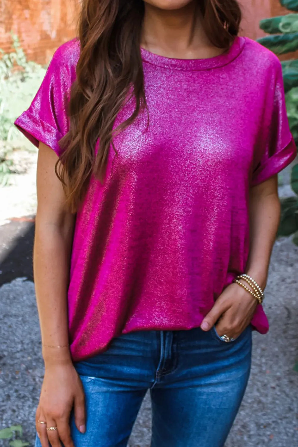 Round Neck Short Sleeve Casual Blouse