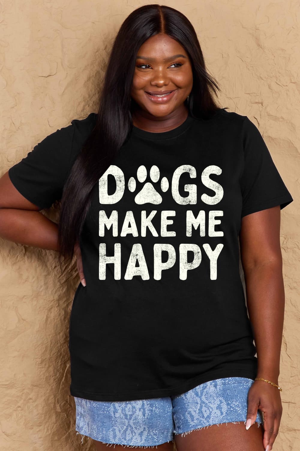 Simply Love Full Size DOGS MAKE ME HAPPY Graphic Cotton T-Shirt Black