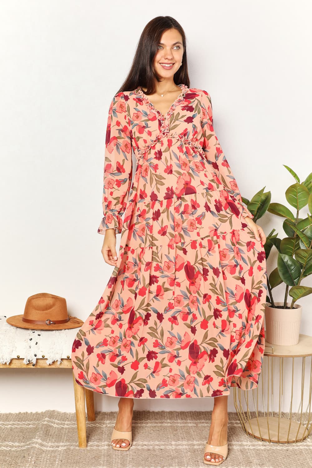 Double Take Floral Frill Trim Flounce Sleeve Plunge Maxi Dress Floral