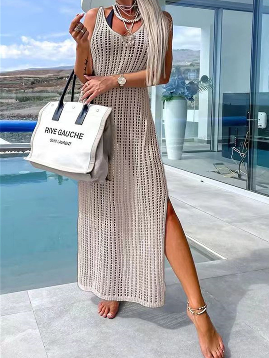 Openwork Slit Cutout Wide Strap Dress Beige