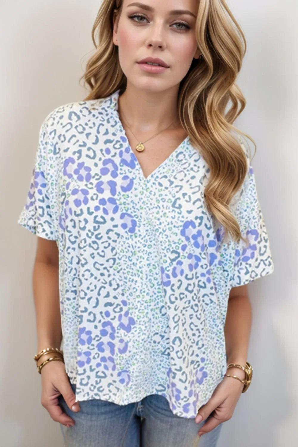 Leopard Print V Neck Short Sleeve Blouse Light Blue