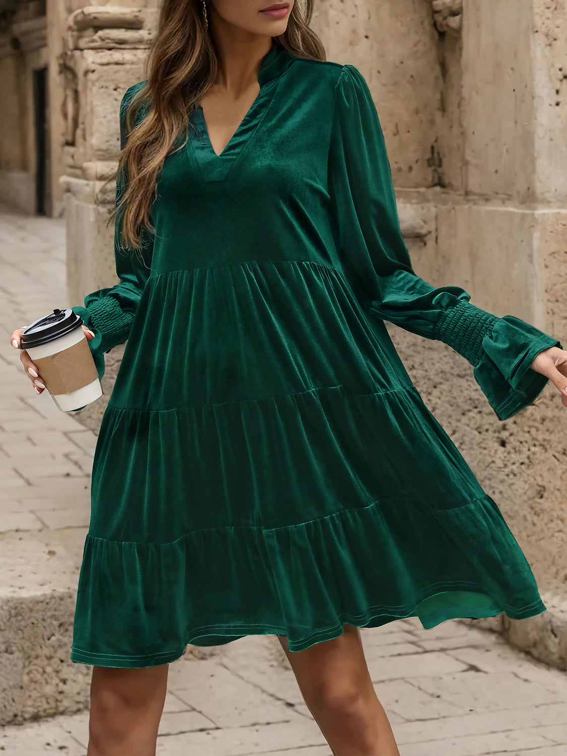 Perfee Notched Long Sleeve Tiered Dress Dark Green