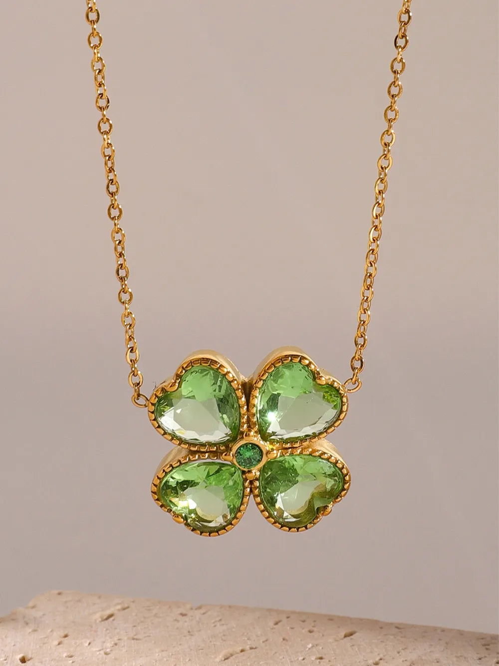 Stainless Steel Zircon Lucky Clover Pendant Necklace Green One Size