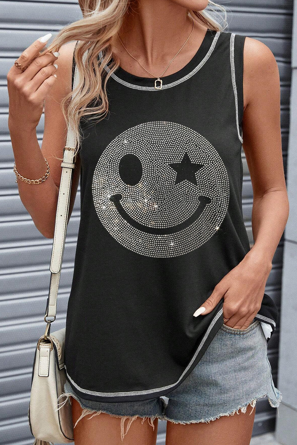 Rhinestone Smile Face Round Neck Tank Black