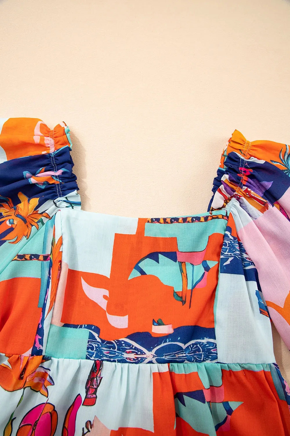 Printed Square Neck Ruffled Short Sleeve Blouse