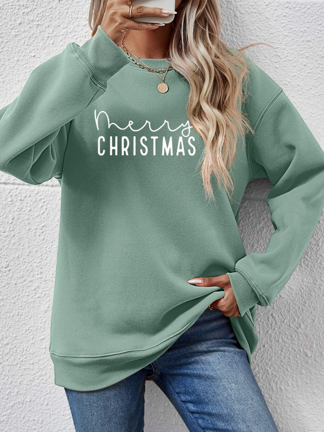 MERRY CHRISTMAS Dropped Shoulder Sweatshirt Sage