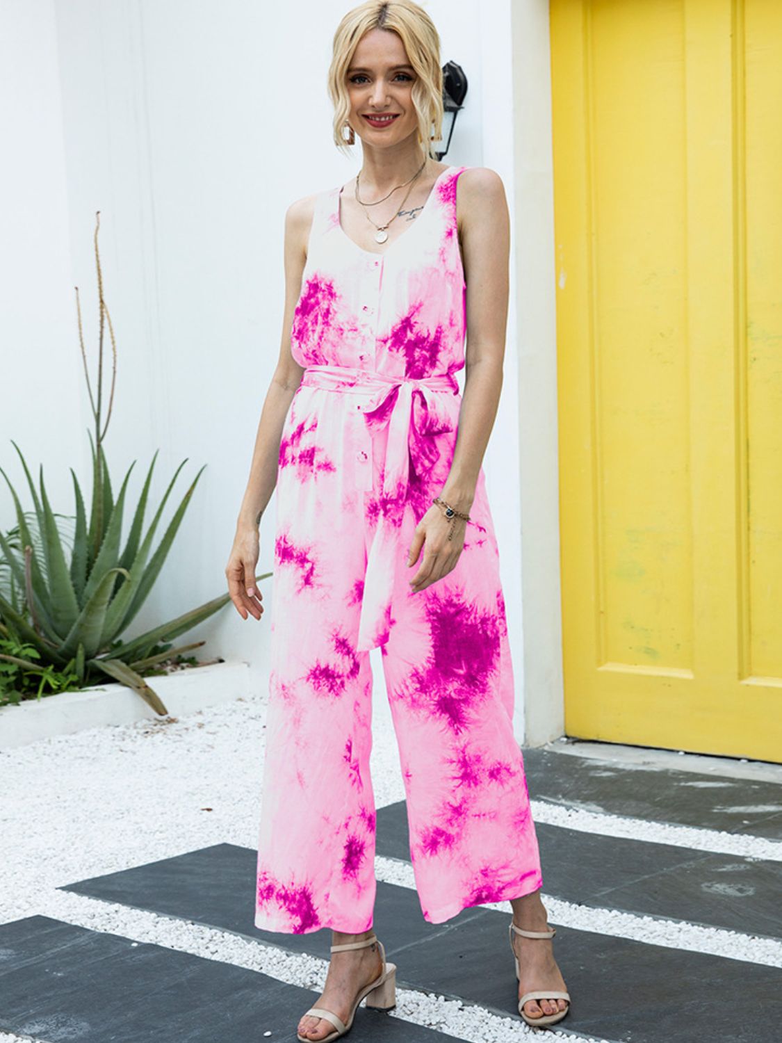 Ivy Lane Tie-Dye Tie Waist Sleeveless Jumpsuit Hot Pink