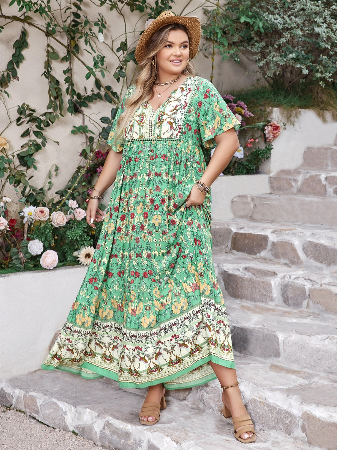 Plus Size Floral Tie Neck Flutter Sleeve Maxi Dress Gum Leaf
