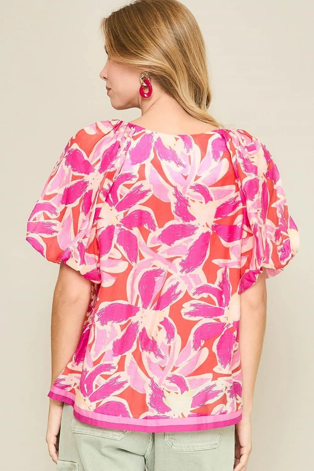 Umgee Floral Notched Puff Sleeve Blouse