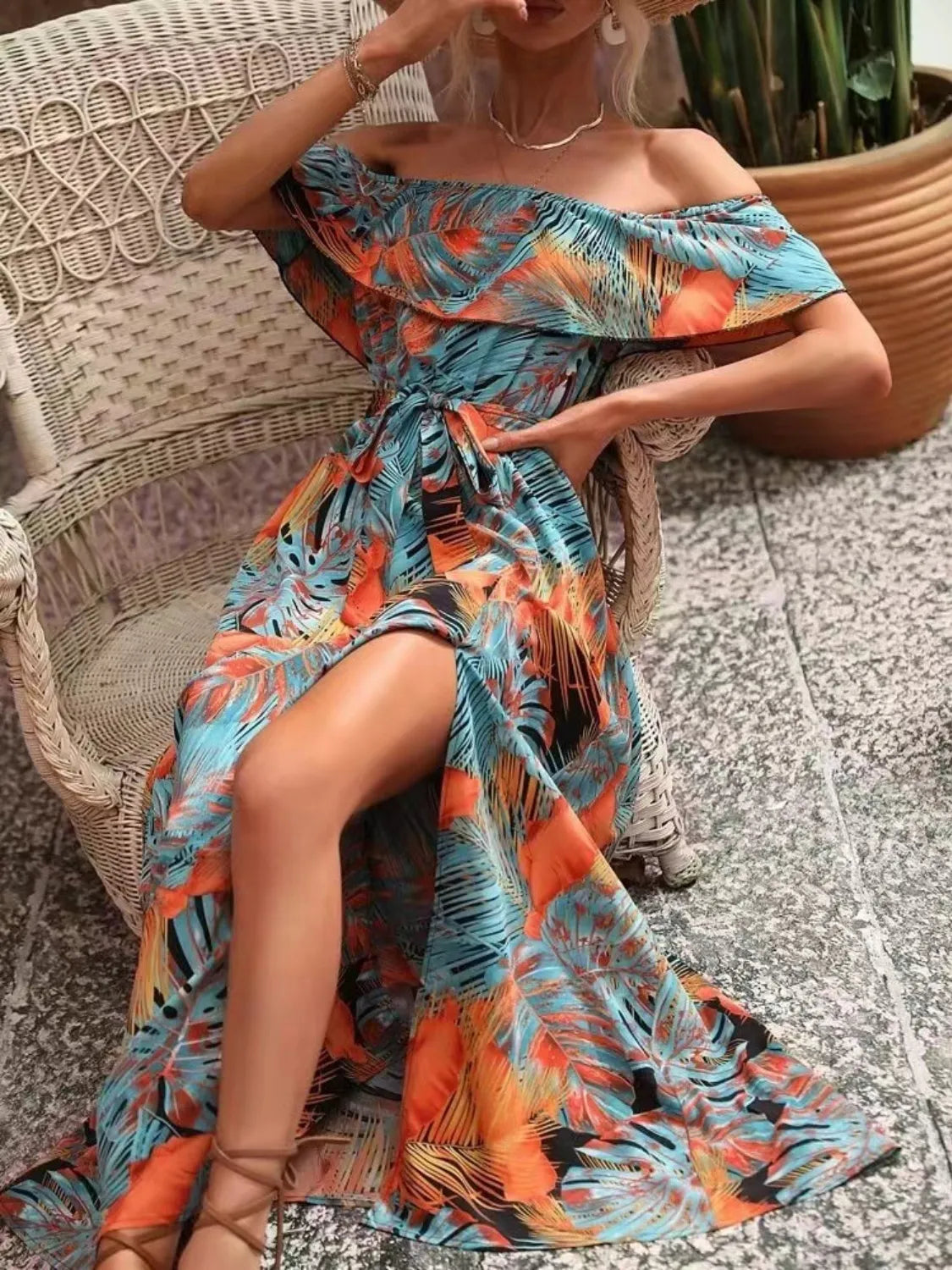 Ruffled Printed Off Shoulder Maxi Dress Orange