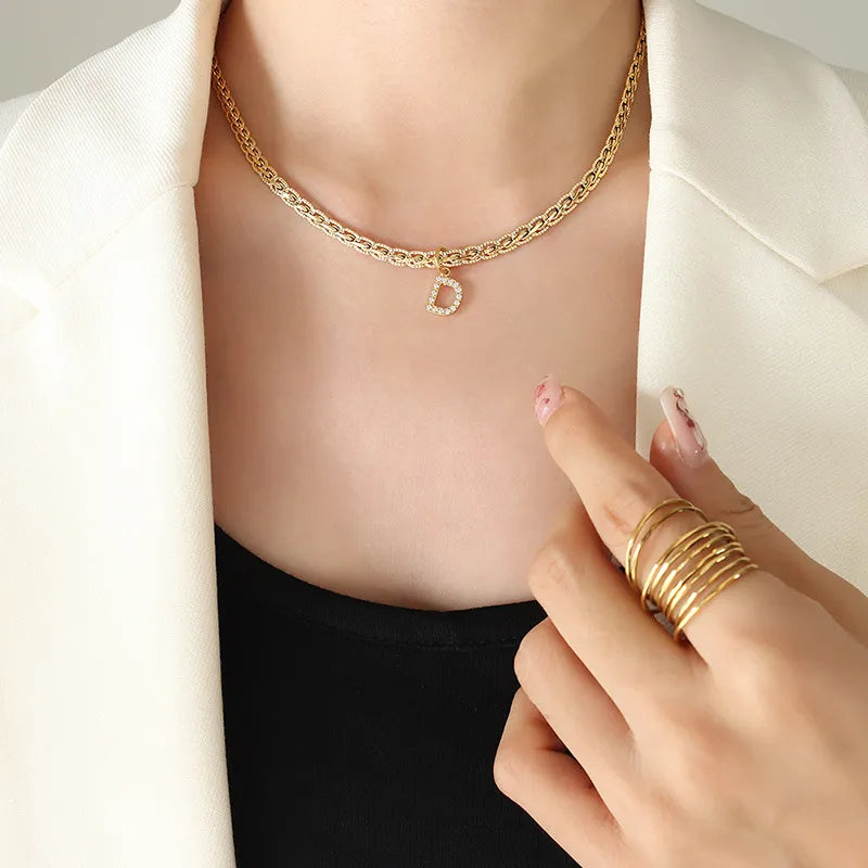 Brass Inlaid Zircon Letter Pendant Necklace Style D One Size