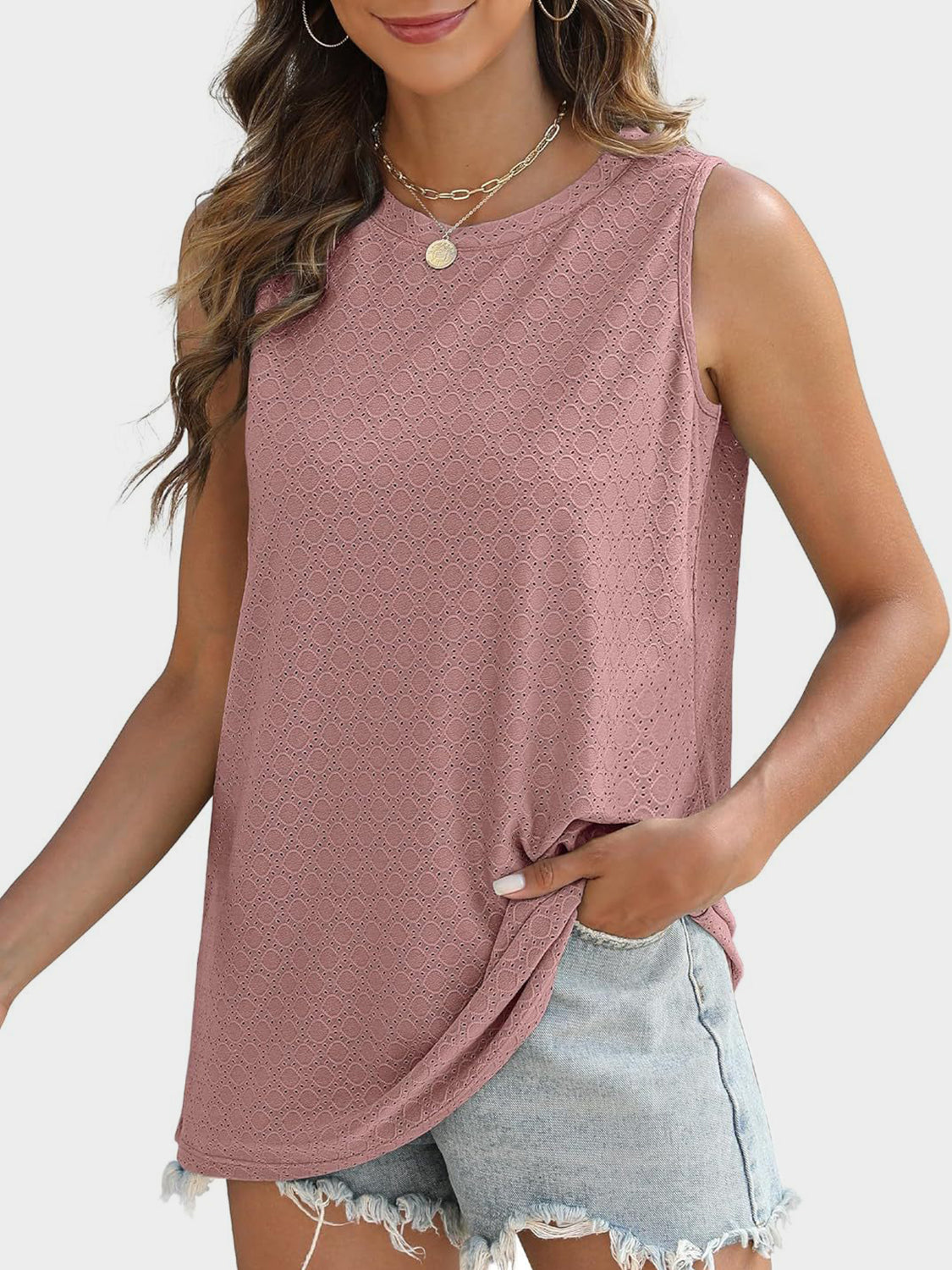 Florira Eyelet Round Neck Tank Dusty Pink