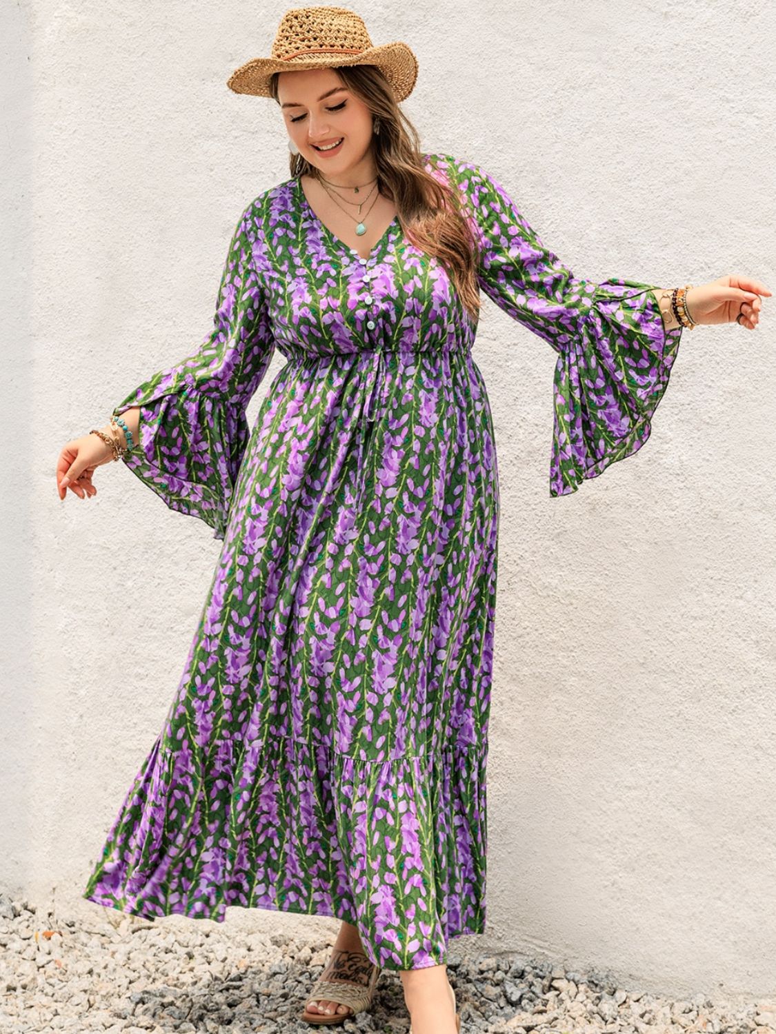 Plus Size Printed V-Neck Long Sleeve Maxi Dress Mauve