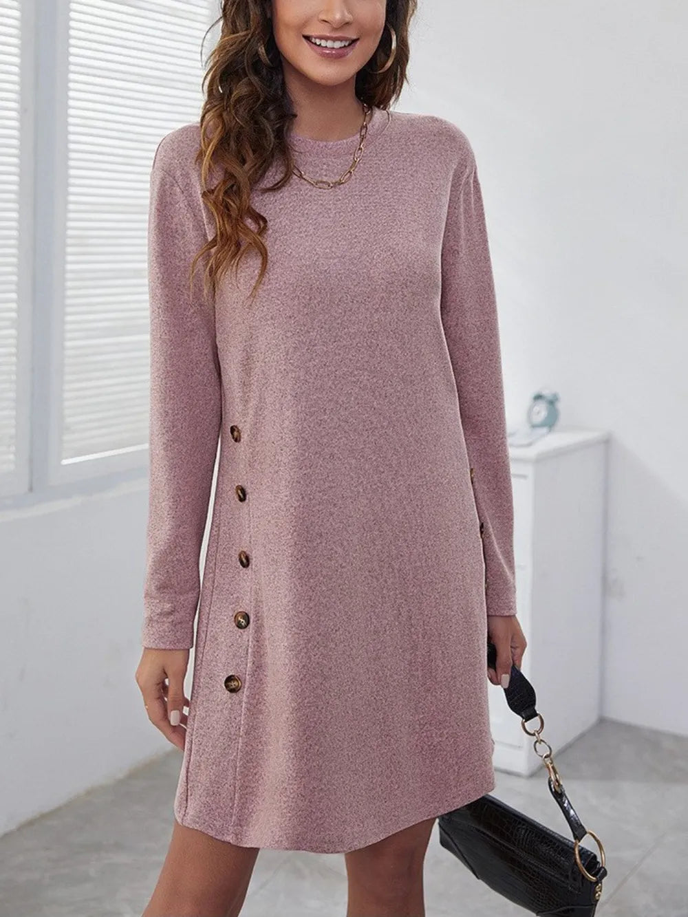 Round Neck Long Sleeve Mini Dress Dusty Pink