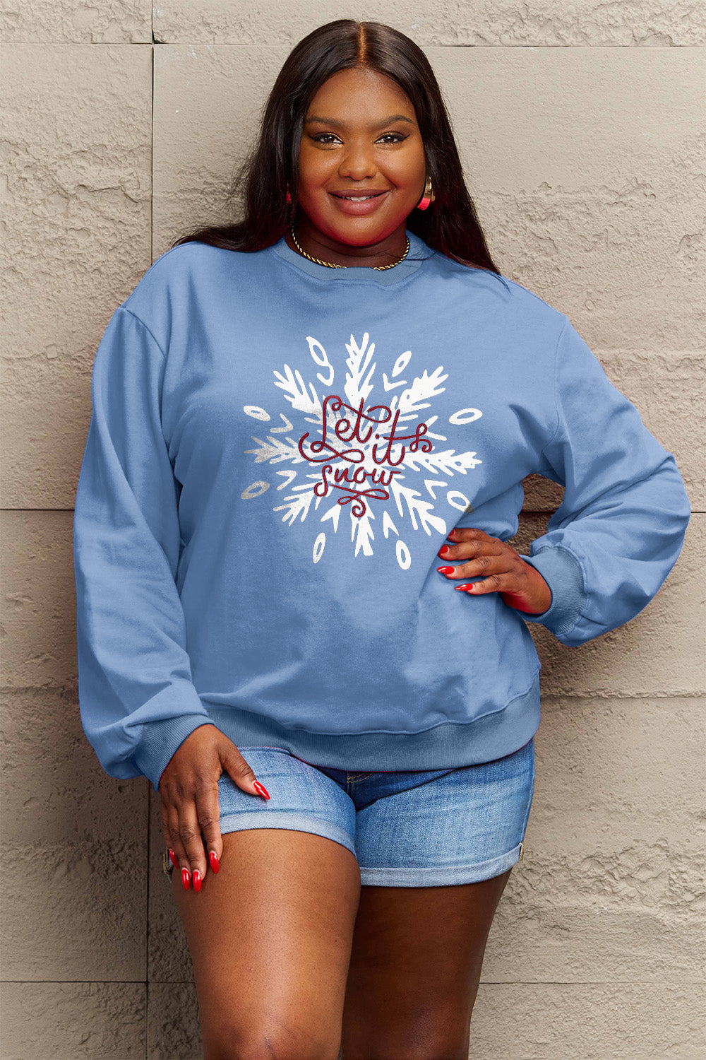 Simply Love Full Size LET IT SNOW Long Sleeve Sweatshirt Light Blue