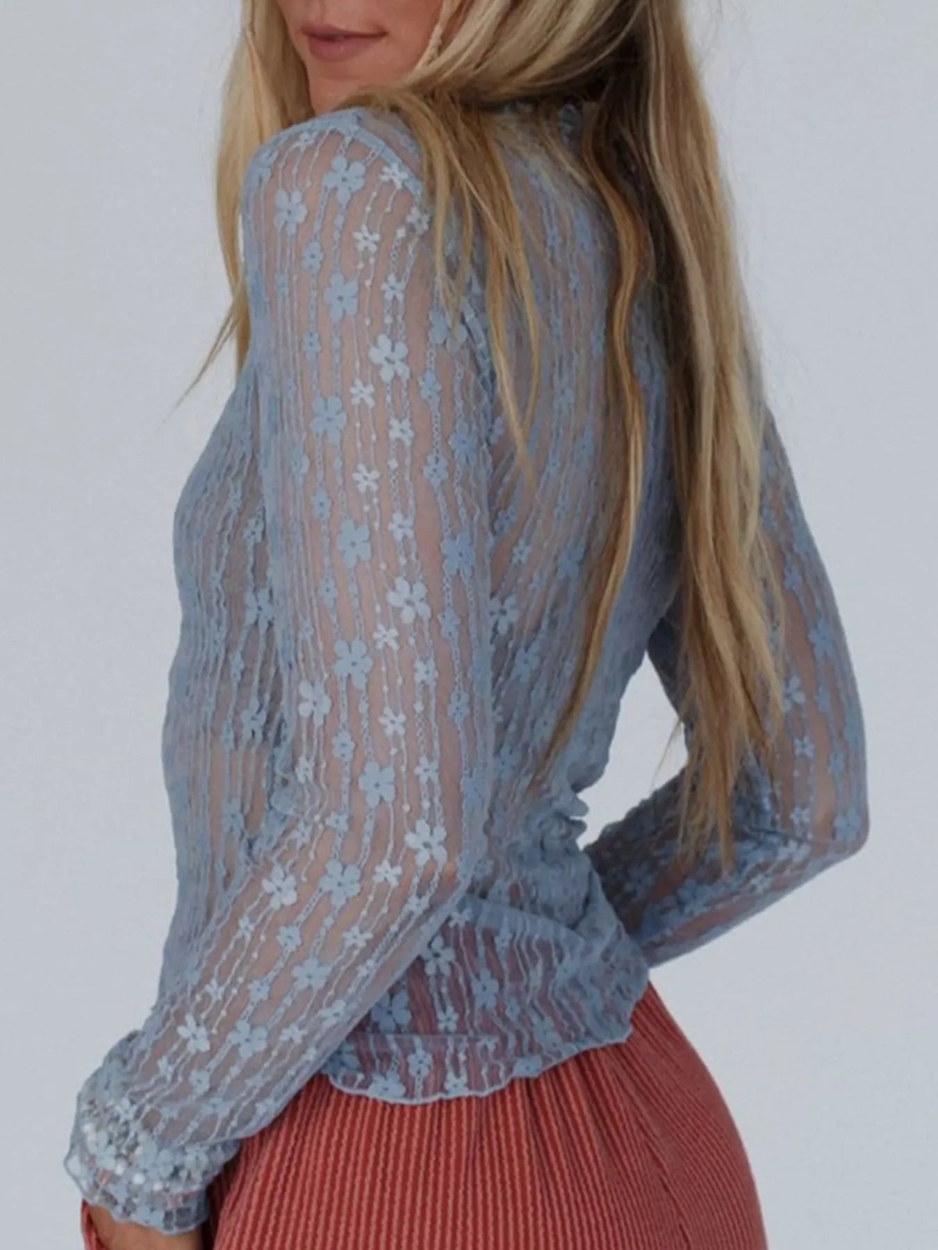 Lace See-Through Long Sleeve Blouse