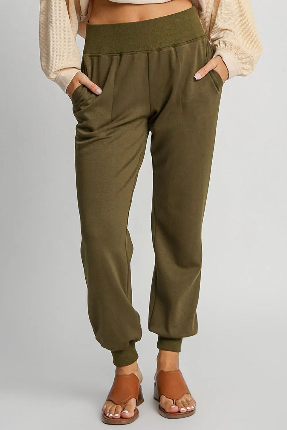 Umgee Full Size High Rise Elastic Waist Knit Joggers with Pockets Plus Size Olive