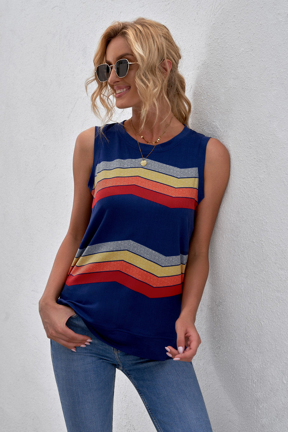 Printed Side Slit Round Neck Tank Navy