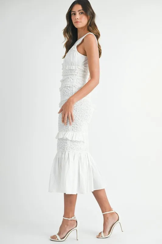 MABLE Ruffled Popcorn Smocked Mermaid Midi Dress