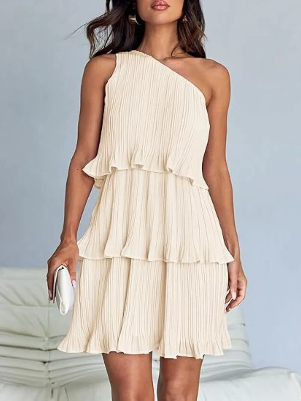 Layered Single Shoulder Mini Dress Cream