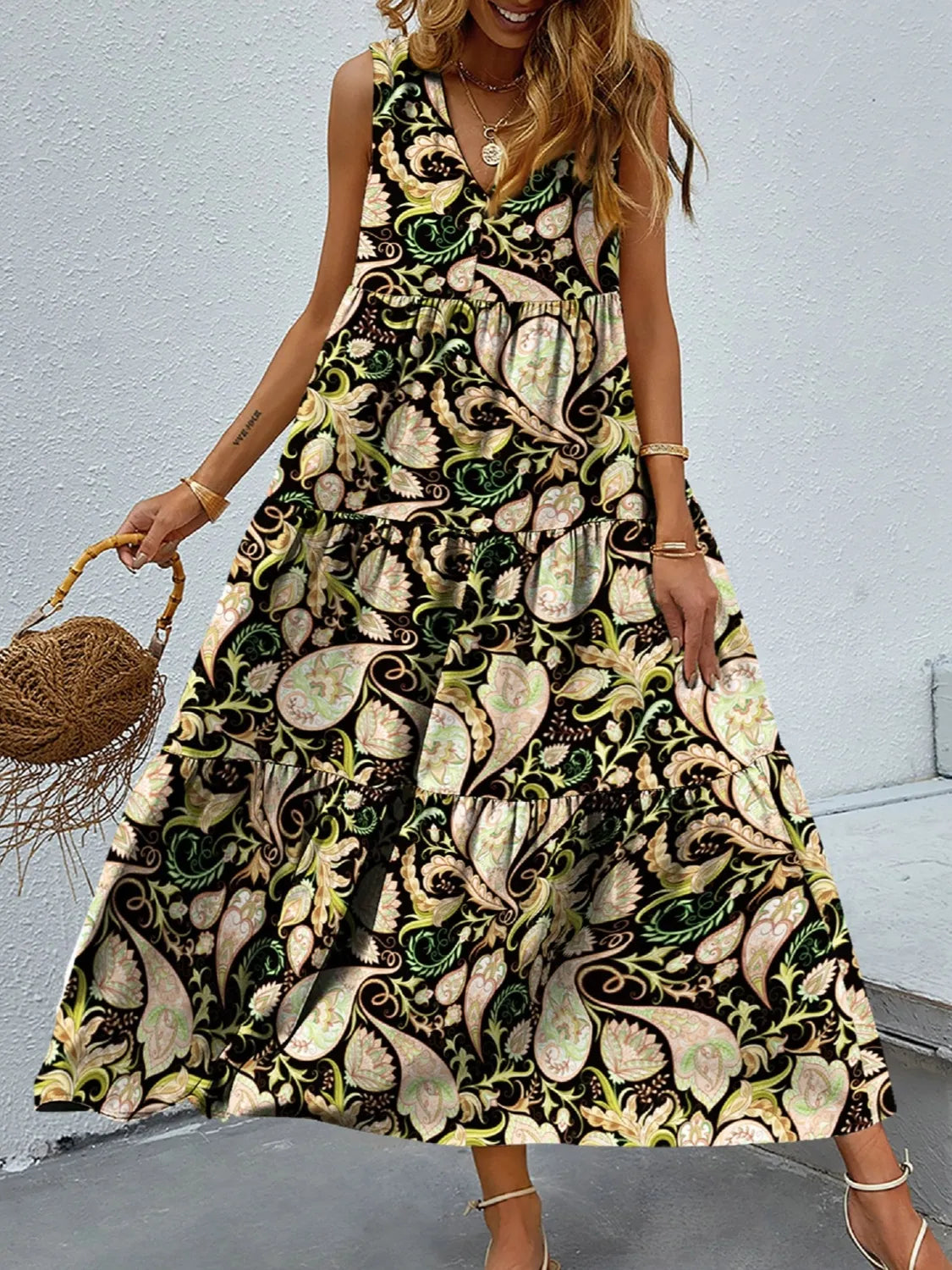 Printed V-Neck Tiered Maxi Tank Dress Black