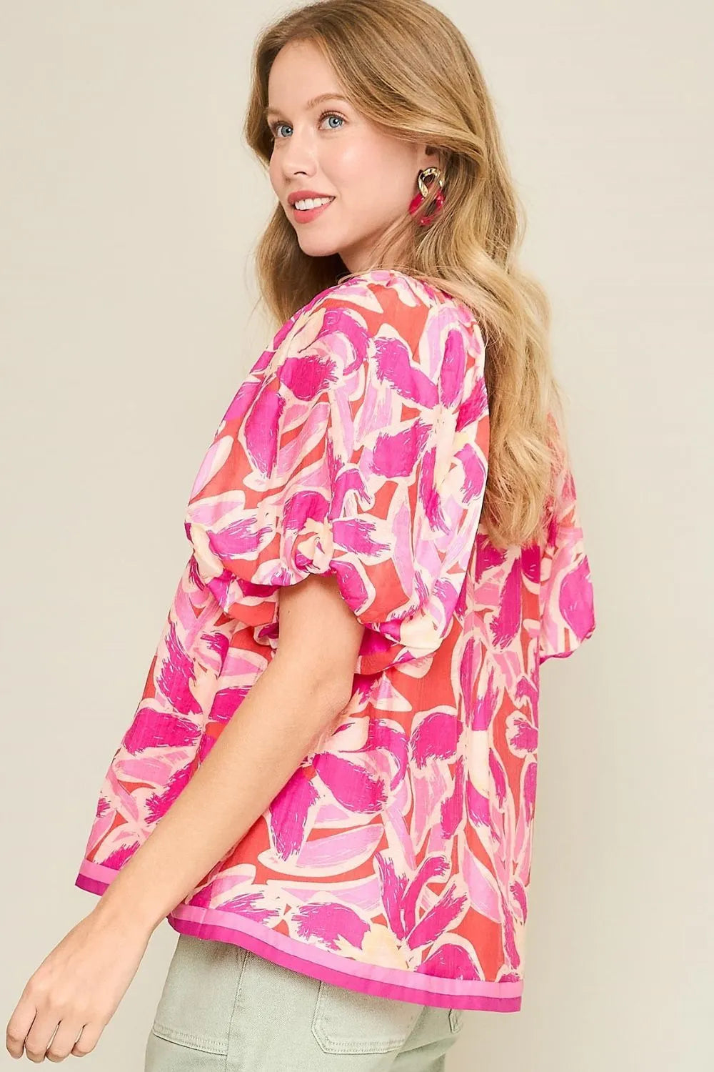 Umgee Floral Notched Puff Sleeve Blouse