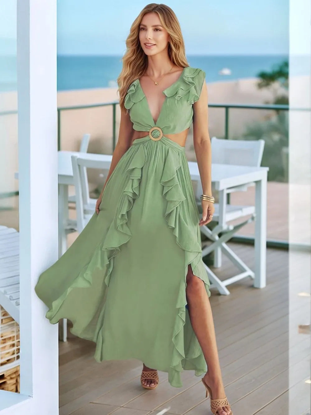 Cutout Ruffled Cap Sleeve Maxi Dress Sage