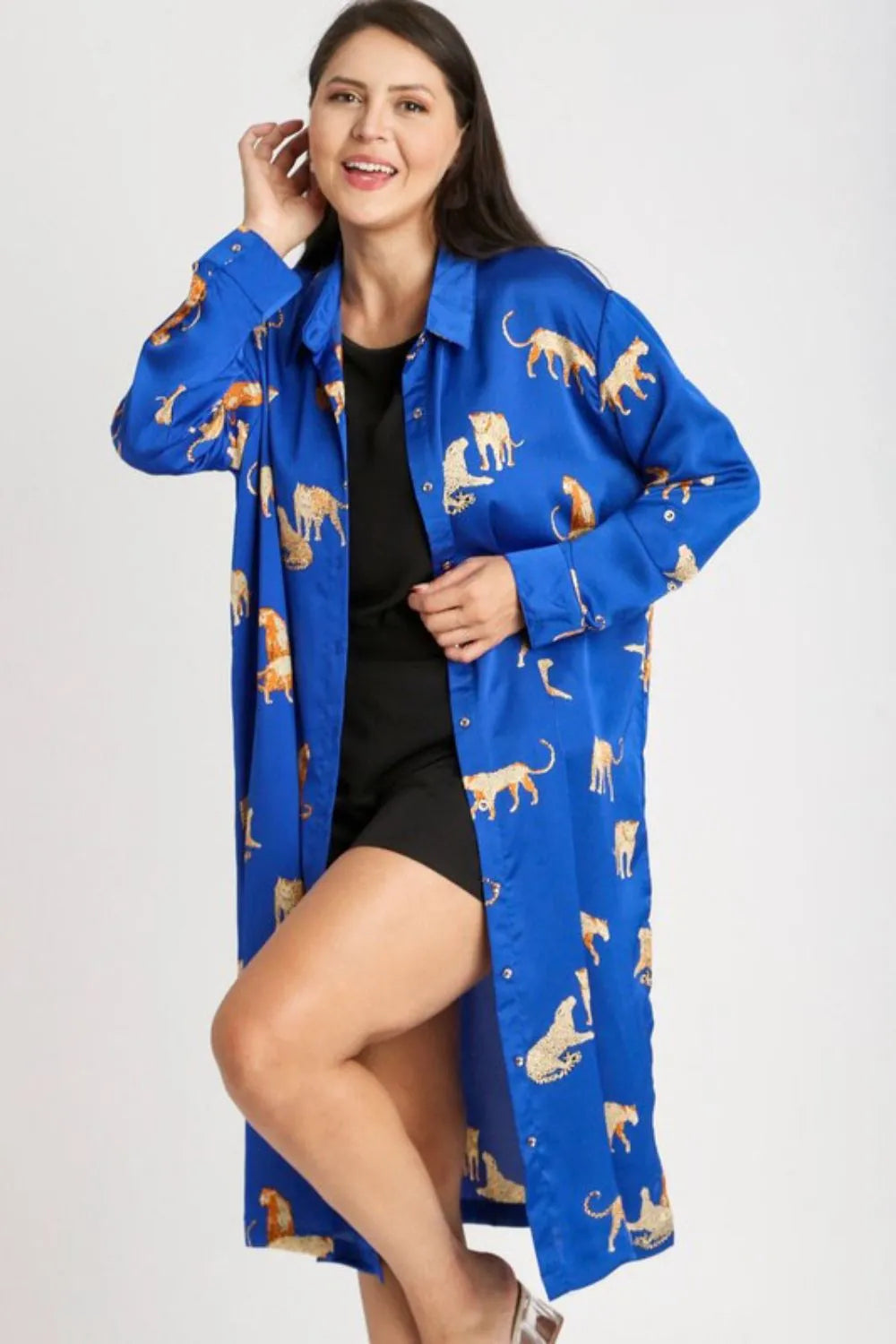 Umgee Full Size Animal Print Button Down Midi Shirt Dress Plus Size