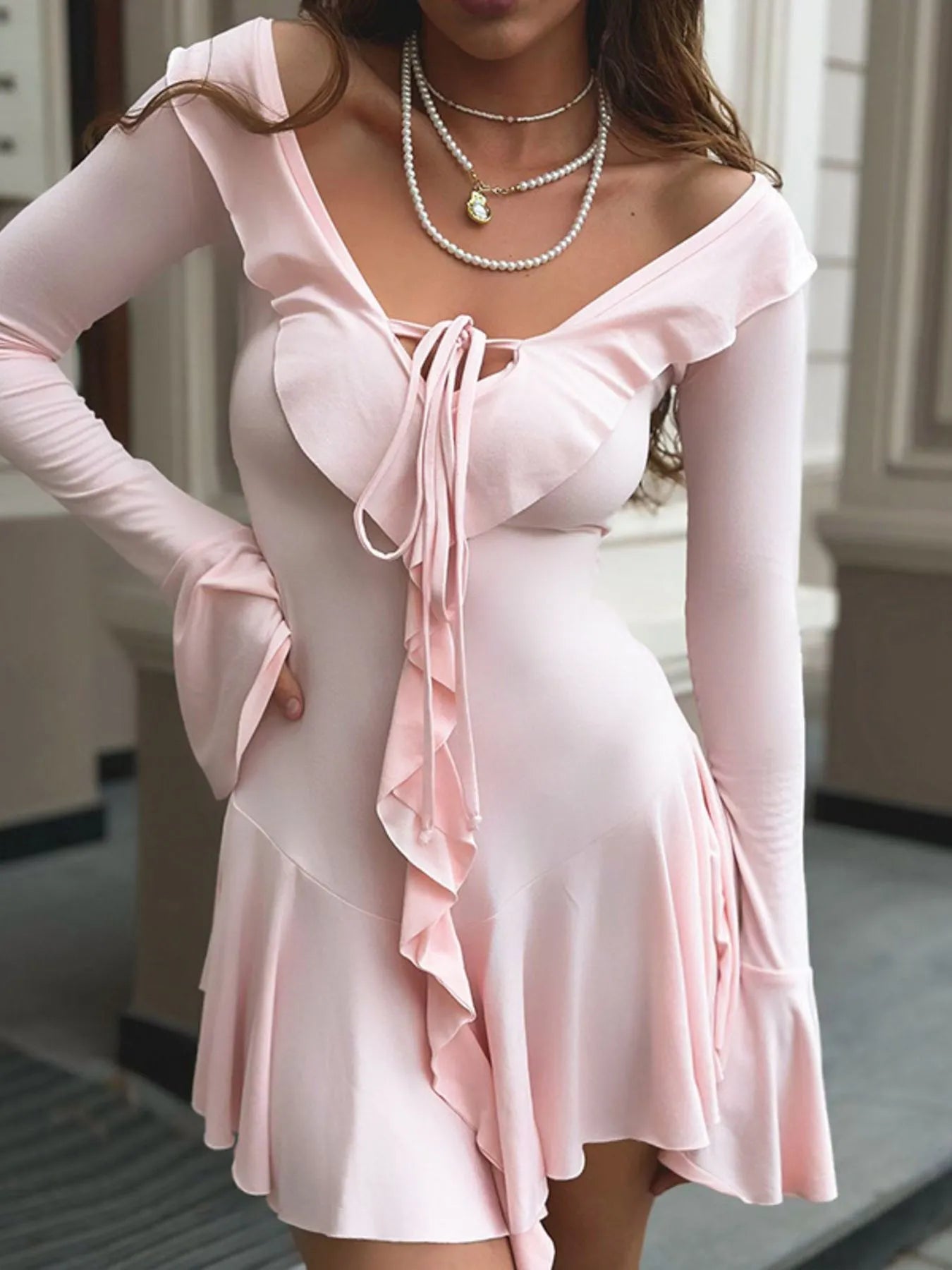 Ruffle V-Neck Flounce Sleeve Mini Dress Pink
