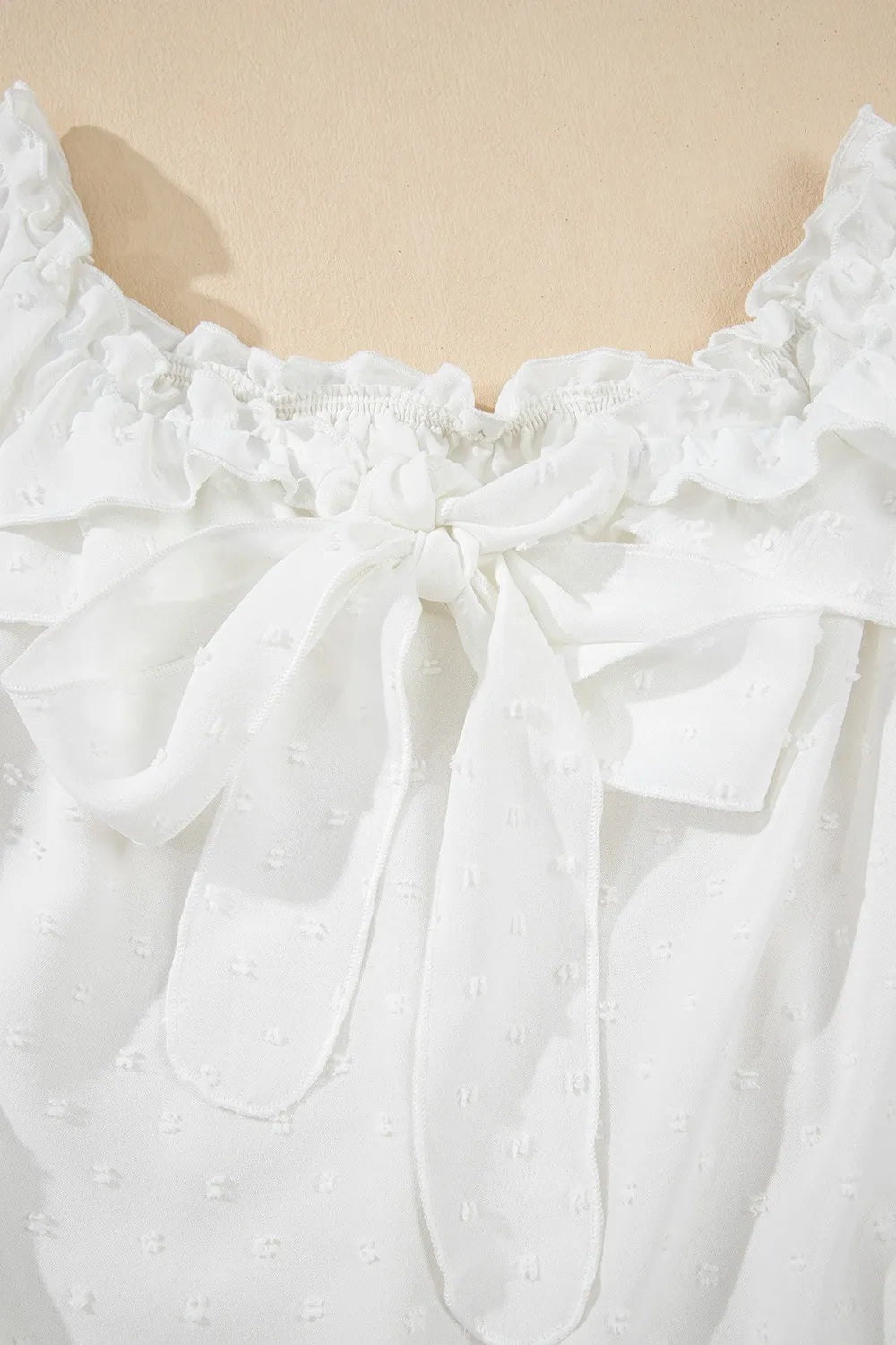Off Shoulder Ruffle Knotted Detail Swiss Dot Blouse