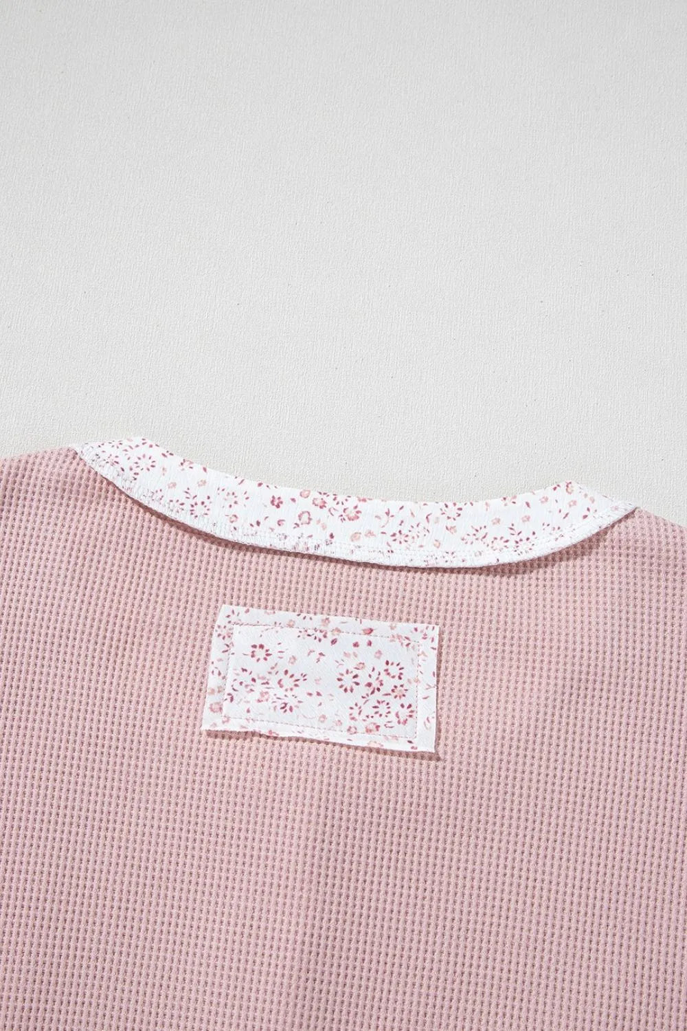 Waffle Floral Patchwork Exposed Seam Detail Short Sleeve Top