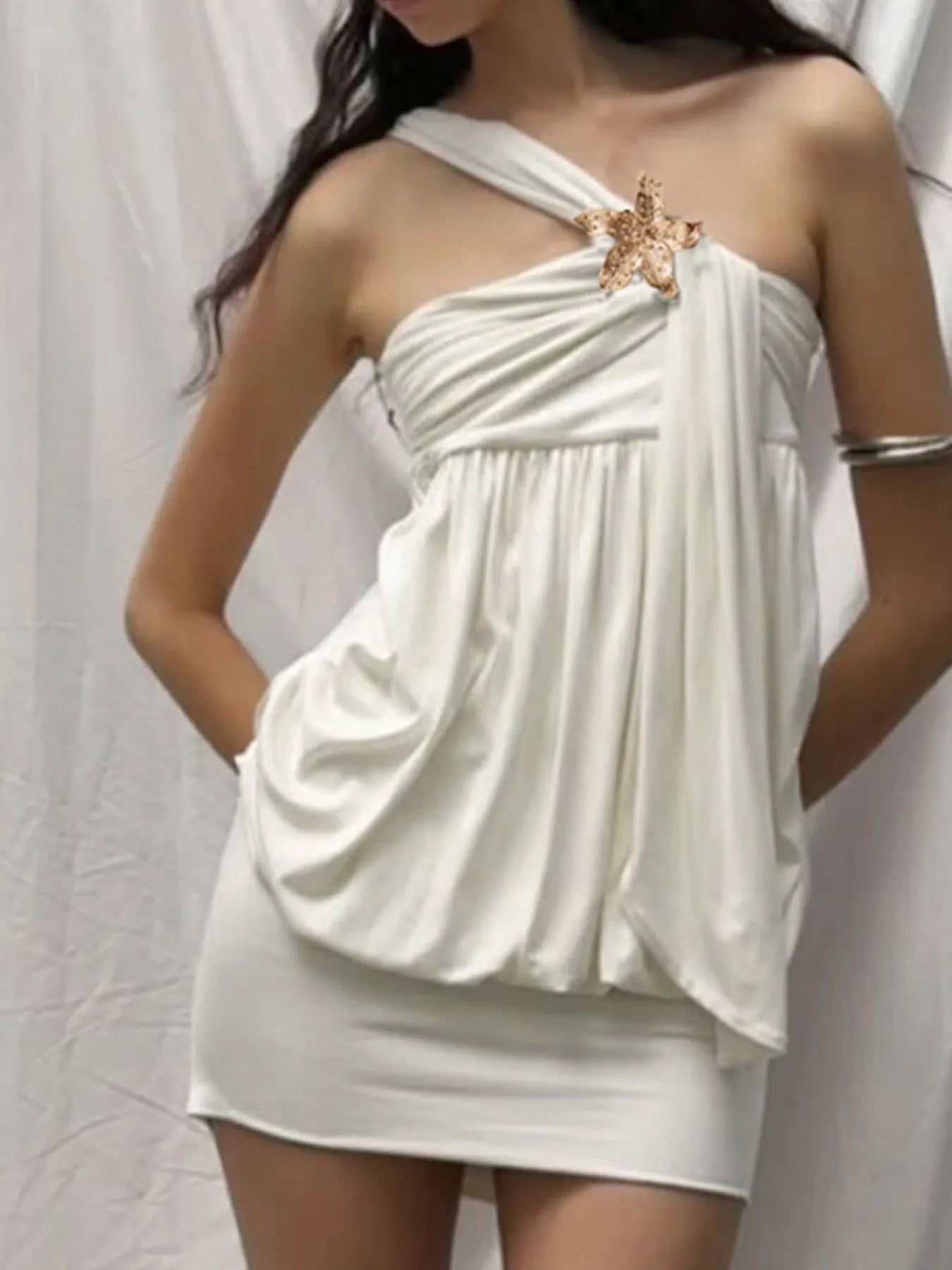 Ruched One-Shoulder Mini Dress