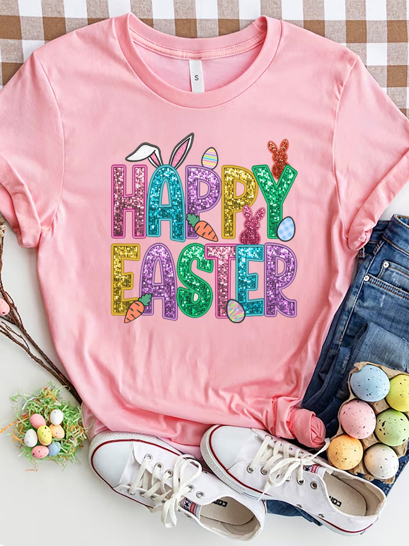 HAPPY EASTER Round Neck Short Sleeve T-Shirt Blush Pink