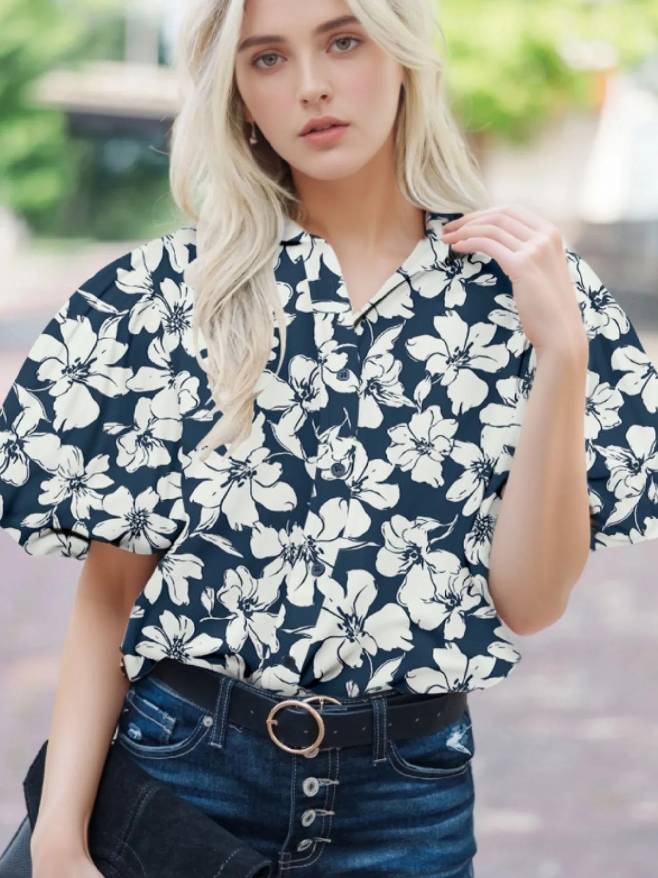 Floral Short Puff Sleeve Shirt Floral