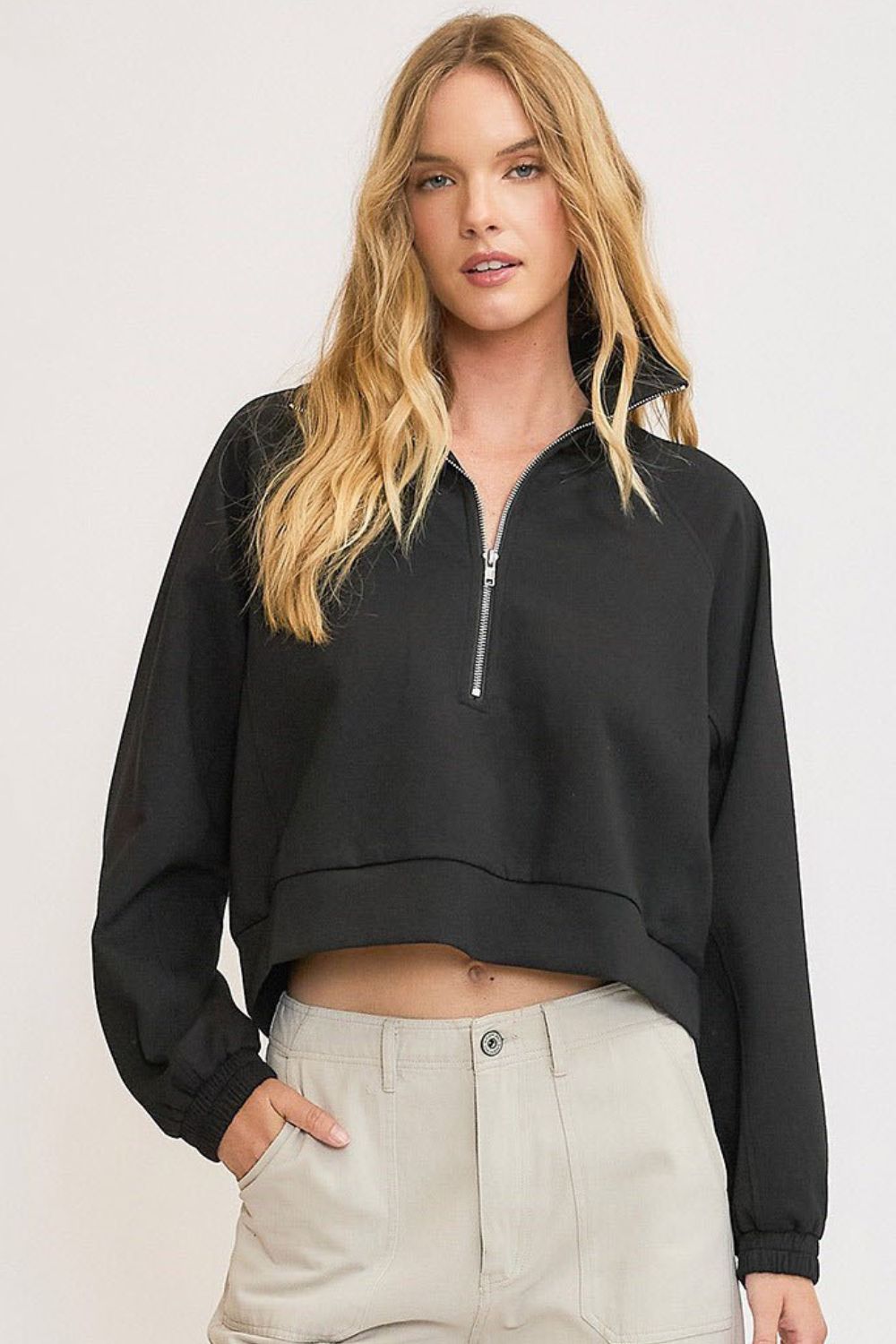 Umgee Full Size Half Zip Cropped Sweatshirt Plus Size Black