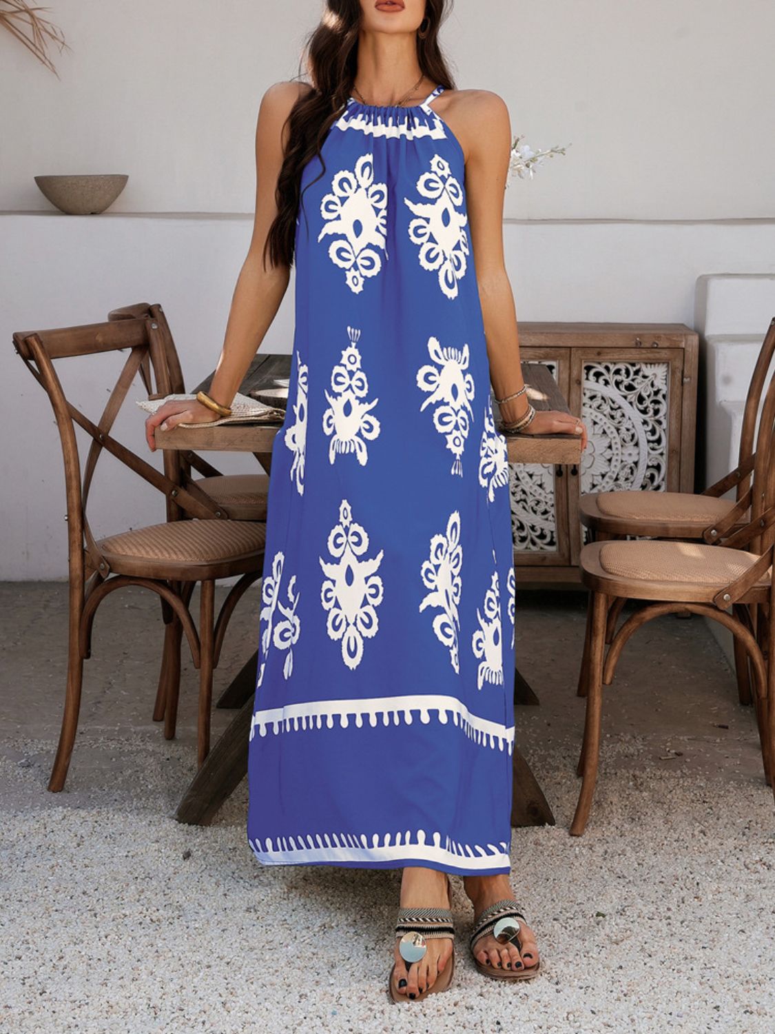 Devine Grecian Neck Printed Maxi Dress Blue