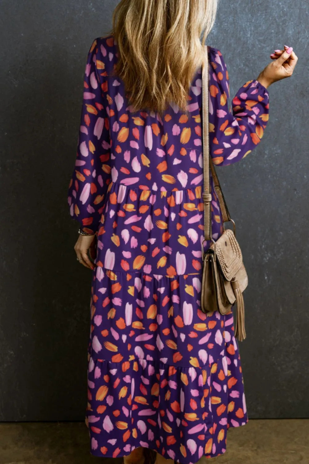 Printed Notched Long Sleeve Dress