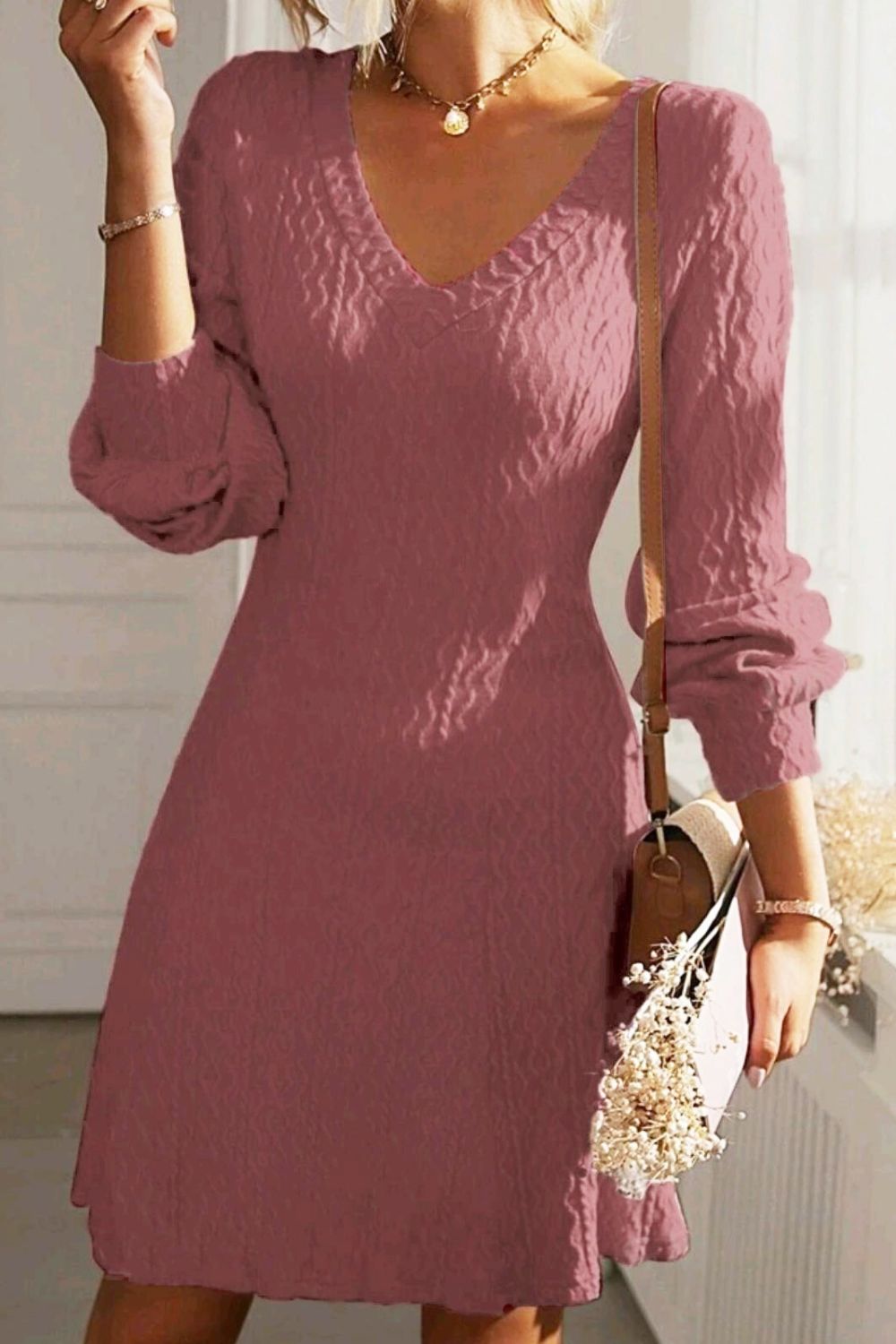 Texture V-Neck Long Sleeve Dress Dusty Pink