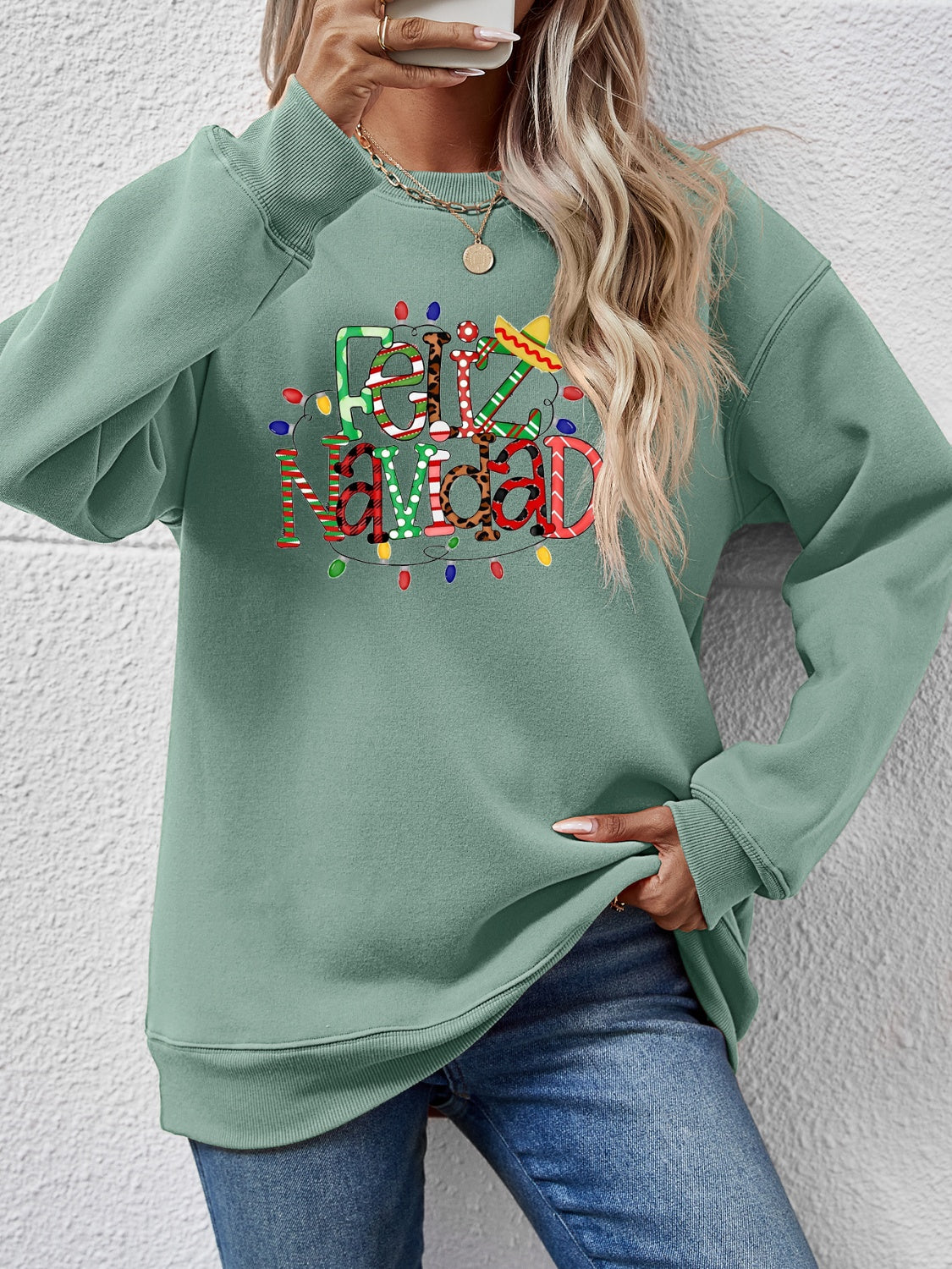 FELIZ NAVIDAD Round Neck Drop Shoulder Sweatshirt Sage