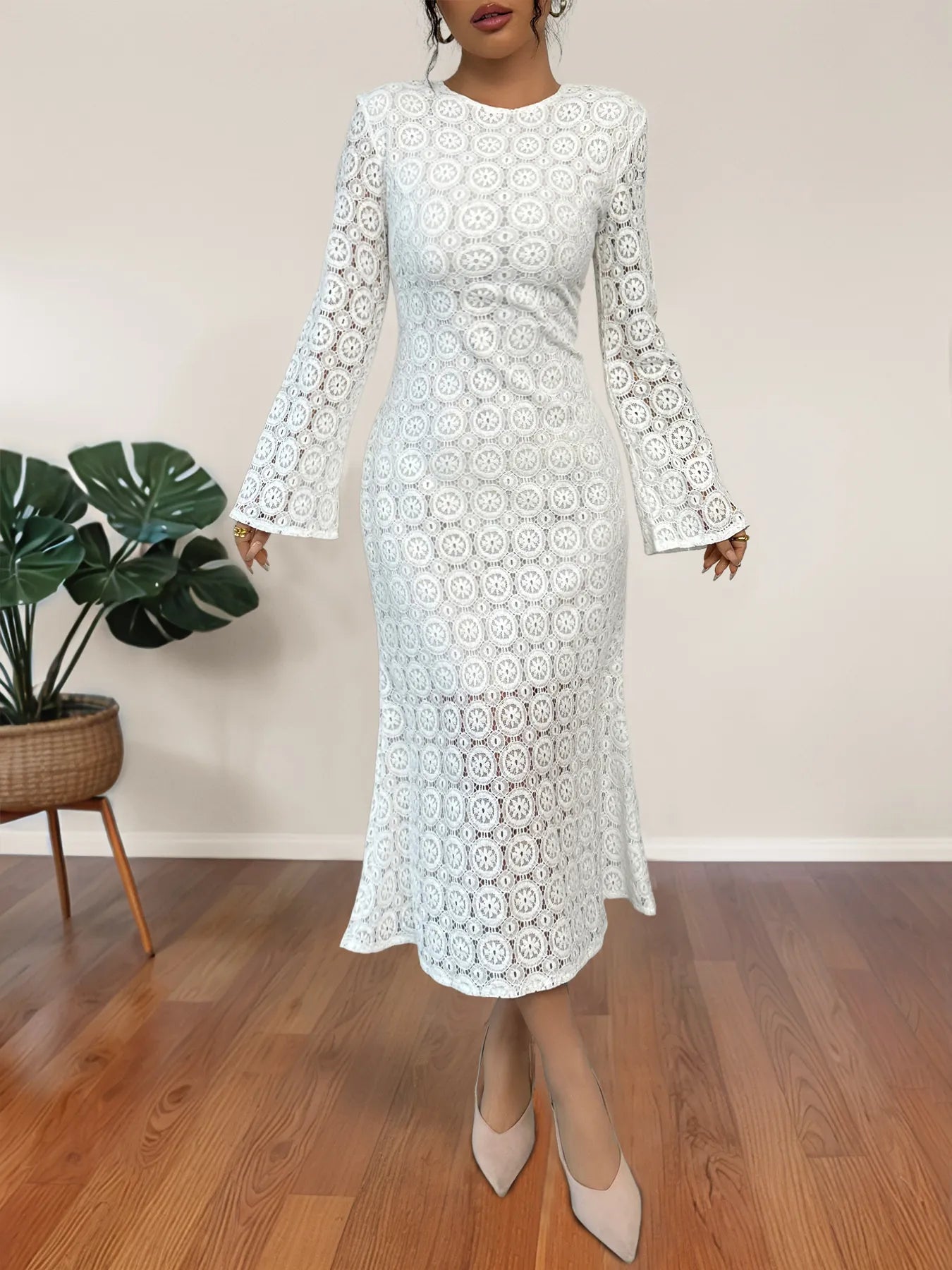 Lace Long Sleeve Midi Dress White