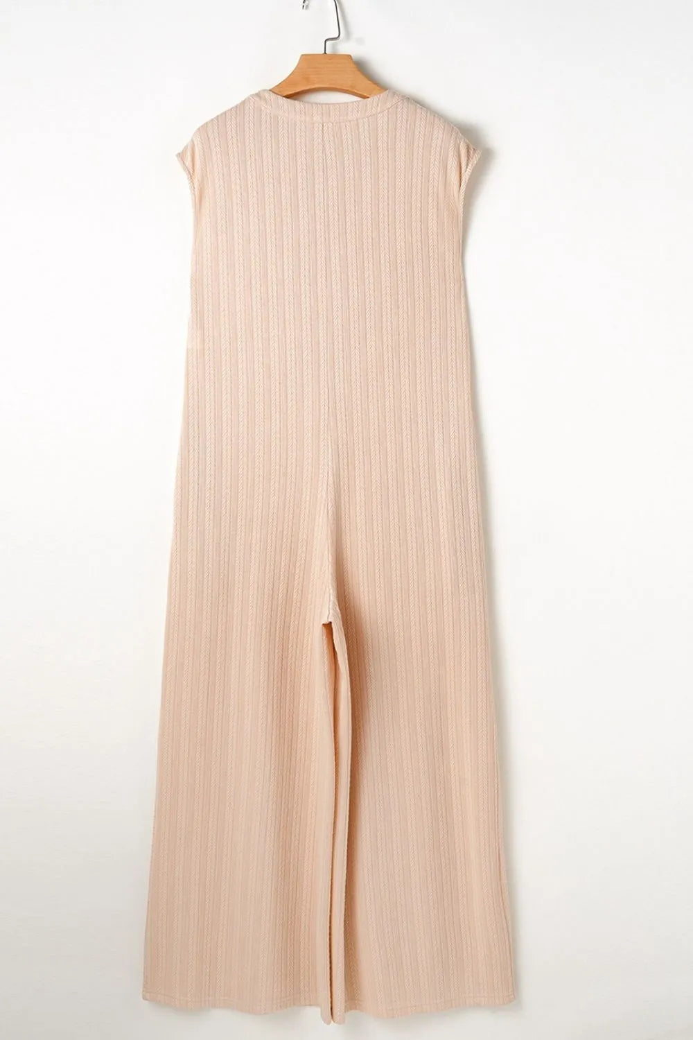 Textured Button Front Wide Leg Cap Sleeve Jumpsuit