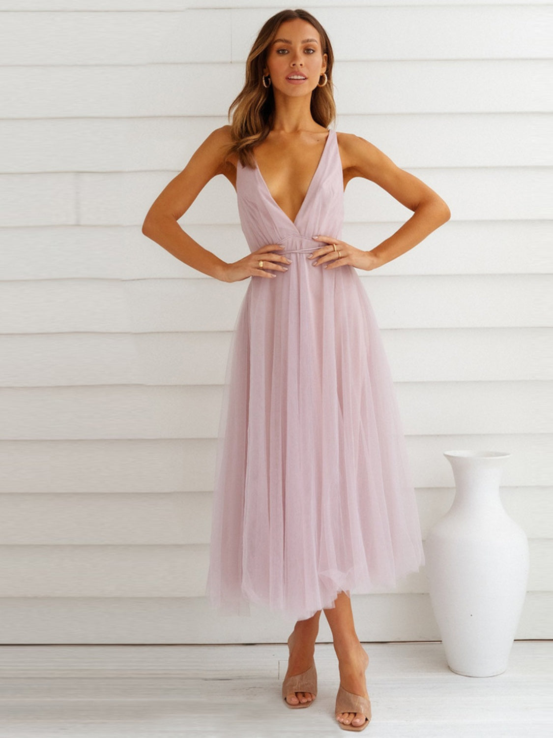 Backless Crisscross Sleeveless Midi Dress Blush Pink