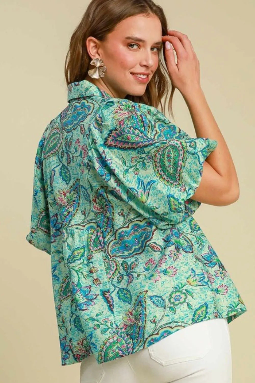 Umgee Full Size Woven Abstract Print Johnny Collar Puff Sleeve Blouse Plus Size